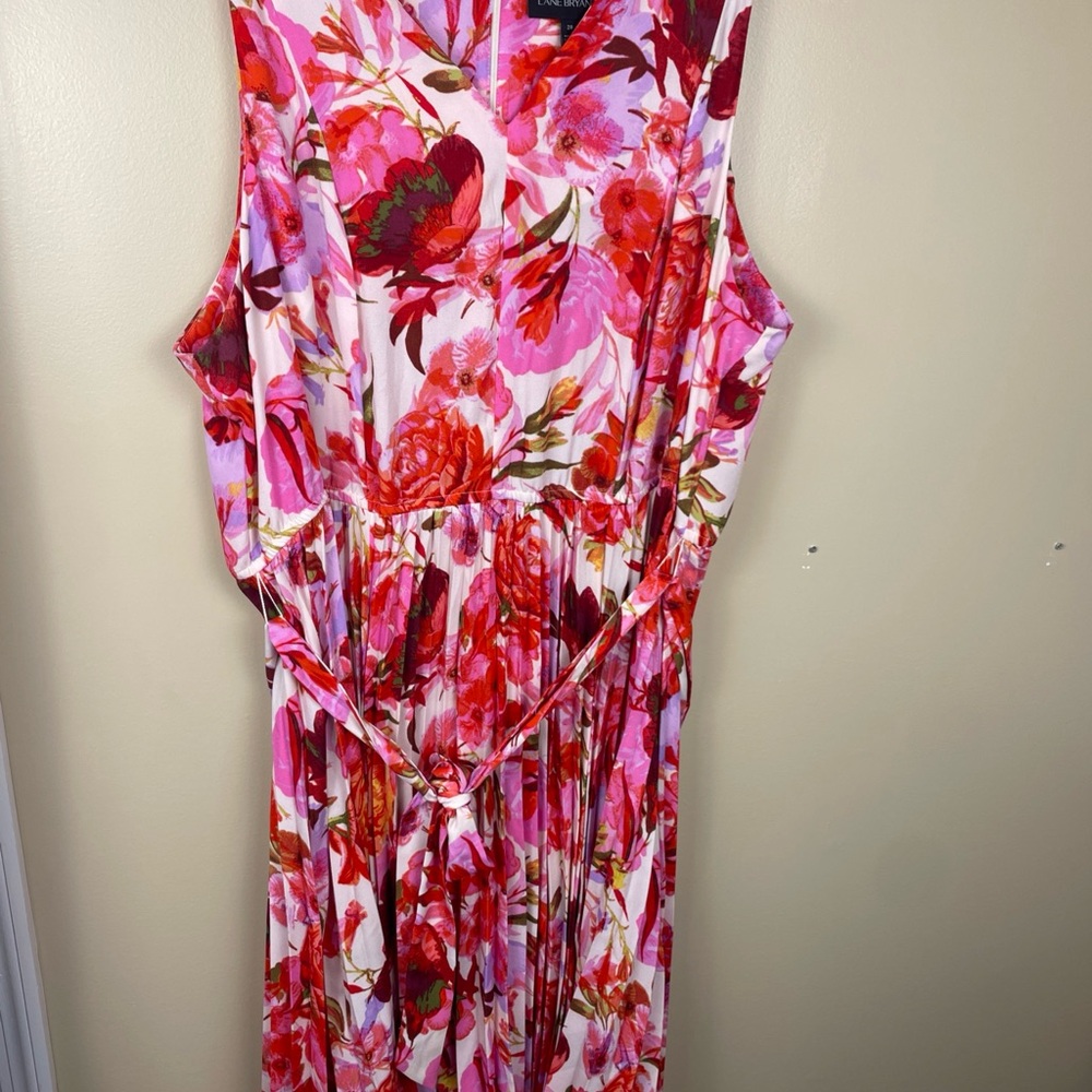 NWOT Lane Bryant Red Pink Floral Print Pleated Midi Sleeveless Dress Plus 28